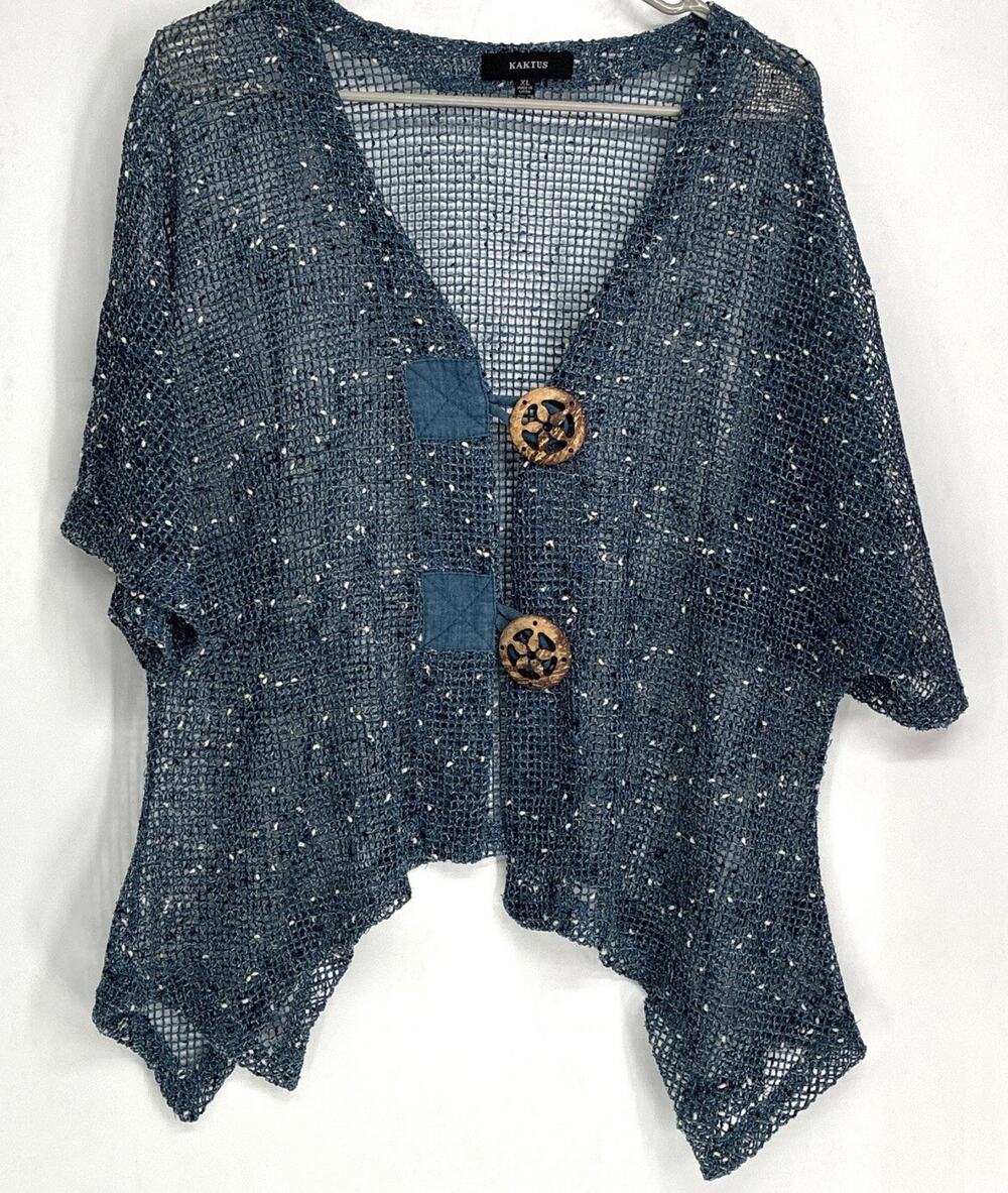 Kaktus Blue XL Open Knit Sharkbite Hem Cardigan Sweater Womens Large Boho Mesh0